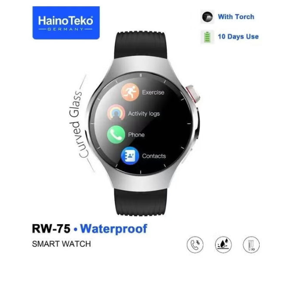 ساعة RW-75 الذكية المقاومة للماء مع شاشة AMOLED المنحنية، مكالمات بلوتوث، تتبع الصحة واللياقة البدنية، تنبيهات ذكية، مراقب القلب والنوم، 3 أشرطة، إصدار فضي