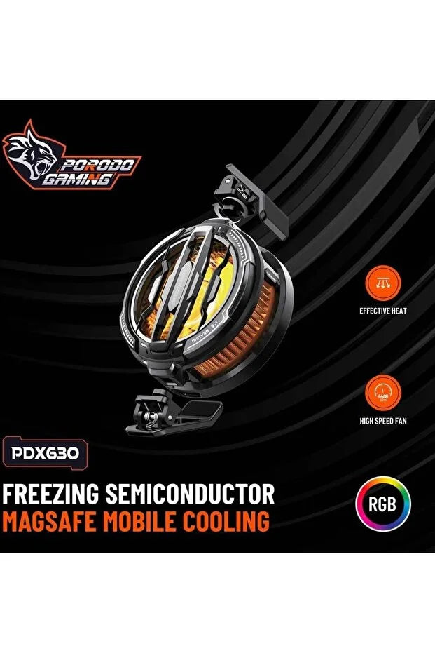 Porodo Gaming Wireless Charging Phone Cooler 15W, Compatible with MagSafe, Removable and Rotating Clips, High Speed Fan, RGB LED Light, Heat Dissipation, Detachable Front Cover - Grey