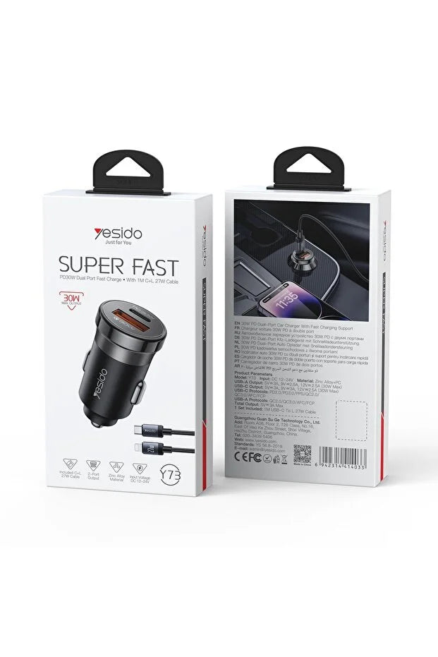 شاحن سيارة YESIDO Y73 سريع بقوة 30 واط مع منفذي USB-A + USB-C وكابل من نوع C إلى iP