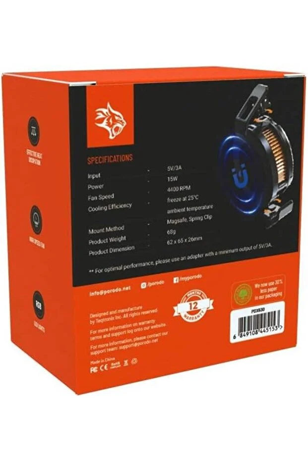 Porodo Gaming Wireless Charging Phone Cooler 15W, Compatible with MagSafe, Removable and Rotating Clips, High Speed Fan, RGB LED Light, Heat Dissipation, Detachable Front Cover - Grey