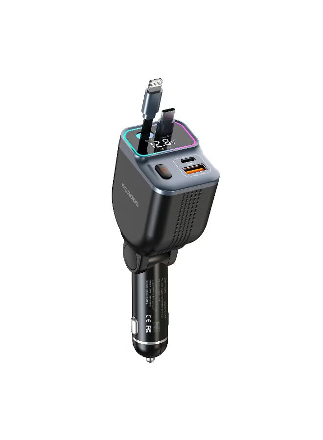 Porodo 65W Car Charger Dual Retractable Cable - Black