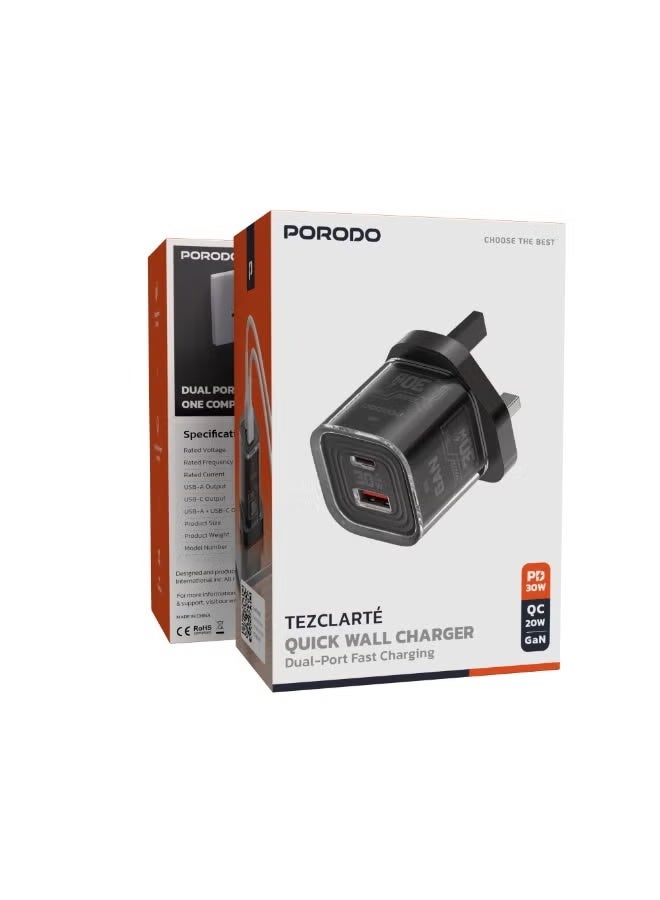 TEZCLARTE Dual Port Quick Wall Charger with 30W - black