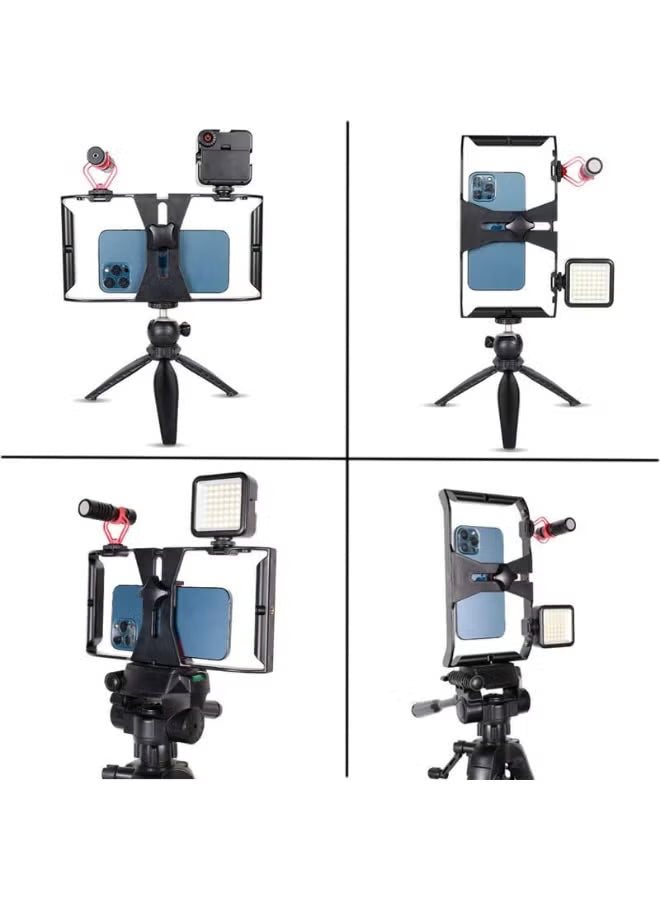 Smartphone Video Cage Rig, HuaerHui Handheld Phone Video Filmmaking Vlogging Stabilizer Grip Tripod Mount Fits Most Phones, with Cold Shoe Mounts, 1/4in Screw Holes to Connect LED Lights/Microphones