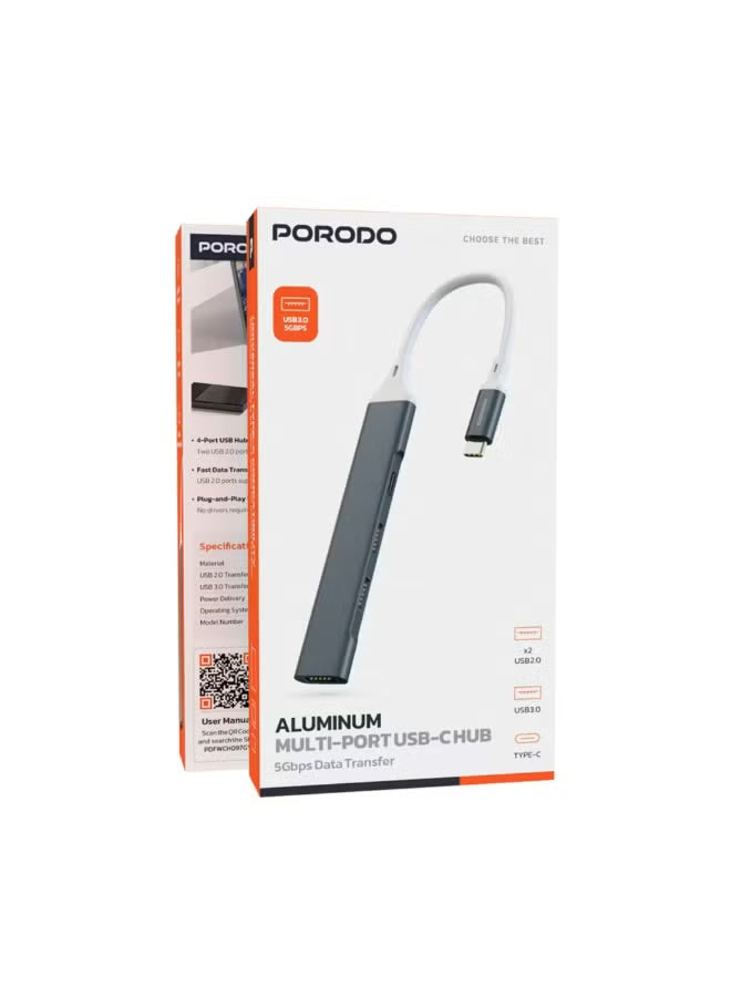 Porodo 4-in-1 Multi-Port USB-C Hub with Fast Data Transfer, Plug and Play Operation, Durable Aluminum Build, 2× USB 2.0, USB 3.0, USB-C Port, 5 Gbps USB 3.0 Transfer Rate, Aluminum Alloy and TPE Material - Gray