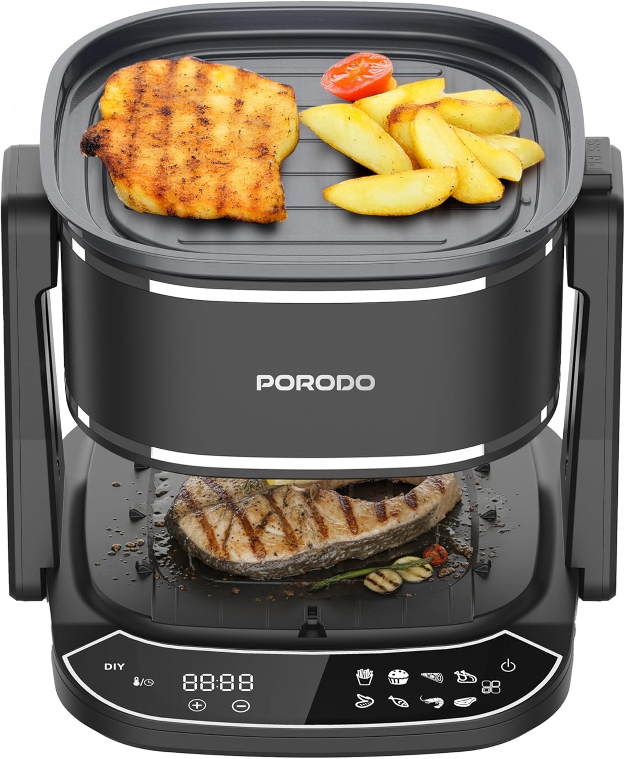 Porodo Air Fryer And Grill Combo with Glass Container, 8-IN-1 Touch Panel, 4.5L Electric Smokeless, 200°C Max, 360° View Glass Pot, Roast, Bake & Dehydrate, Adjustable Temps, Non Stick - Easy Clean