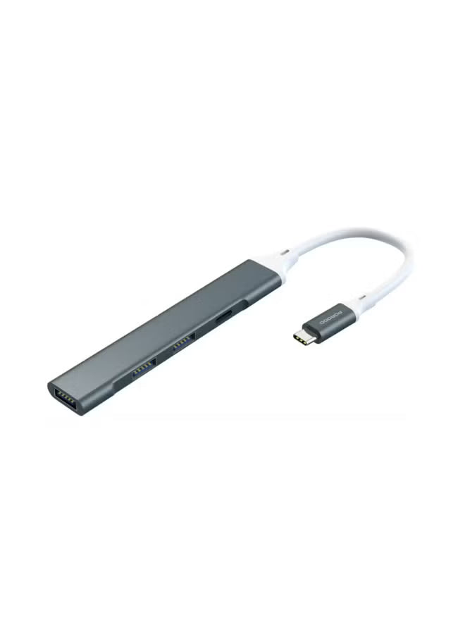 Porodo 4-in-1 Multi-Port USB-C Hub with Fast Data Transfer, Plug and Play Operation, Durable Aluminum Build, 2× USB 2.0, USB 3.0, USB-C Port, 5 Gbps USB 3.0 Transfer Rate, Aluminum Alloy and TPE Material - Gray