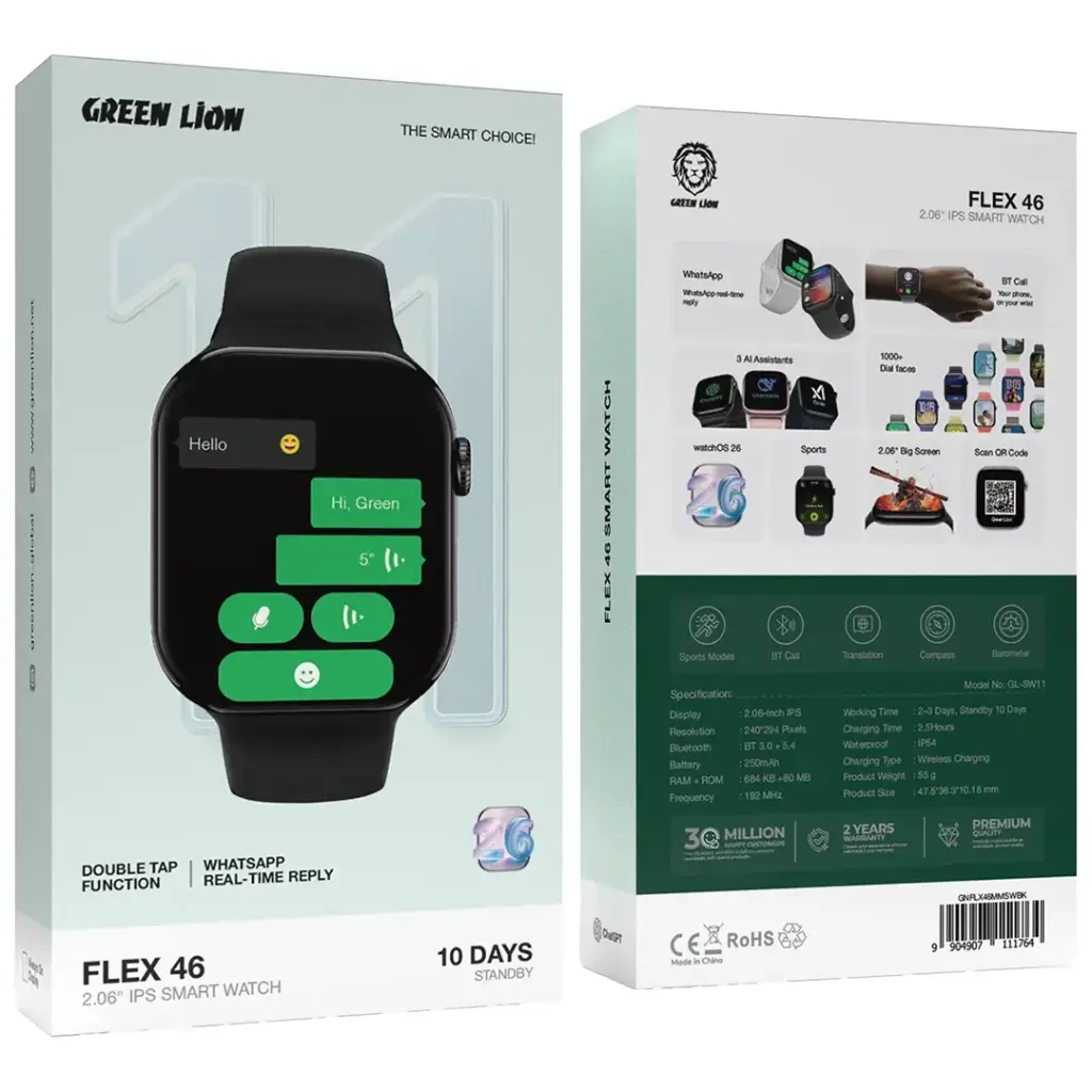 Green Lion Flex 46 Smartwatch - 2.06-inch IPS Display - Black