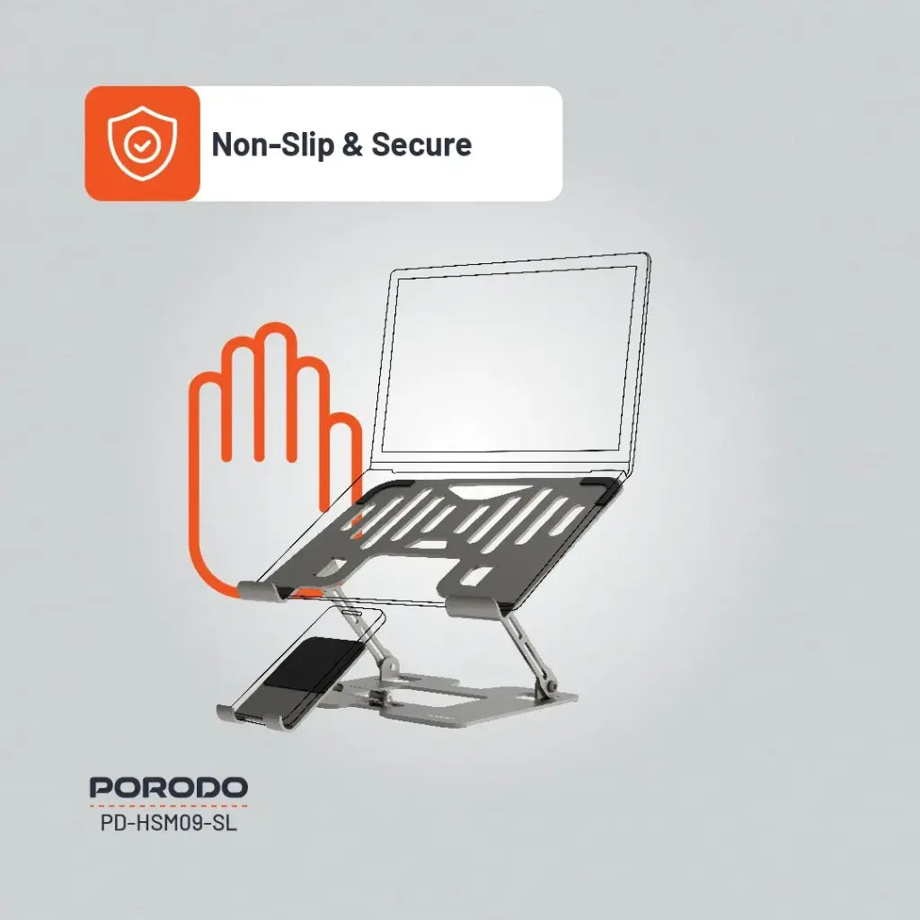 حامل متعدد الأجهزة القابل للطي من Porodo مع حامل هاتف، مصنوع من الفولاذ الكربوني ومطاط السيليكون، متوافق مع الأجهزة من 10-17 بوصة، ارتفاع وزاوية قابلة للتعديل، تصميم قابل للطي، غير قابل للانزلاق وآمن - فضي