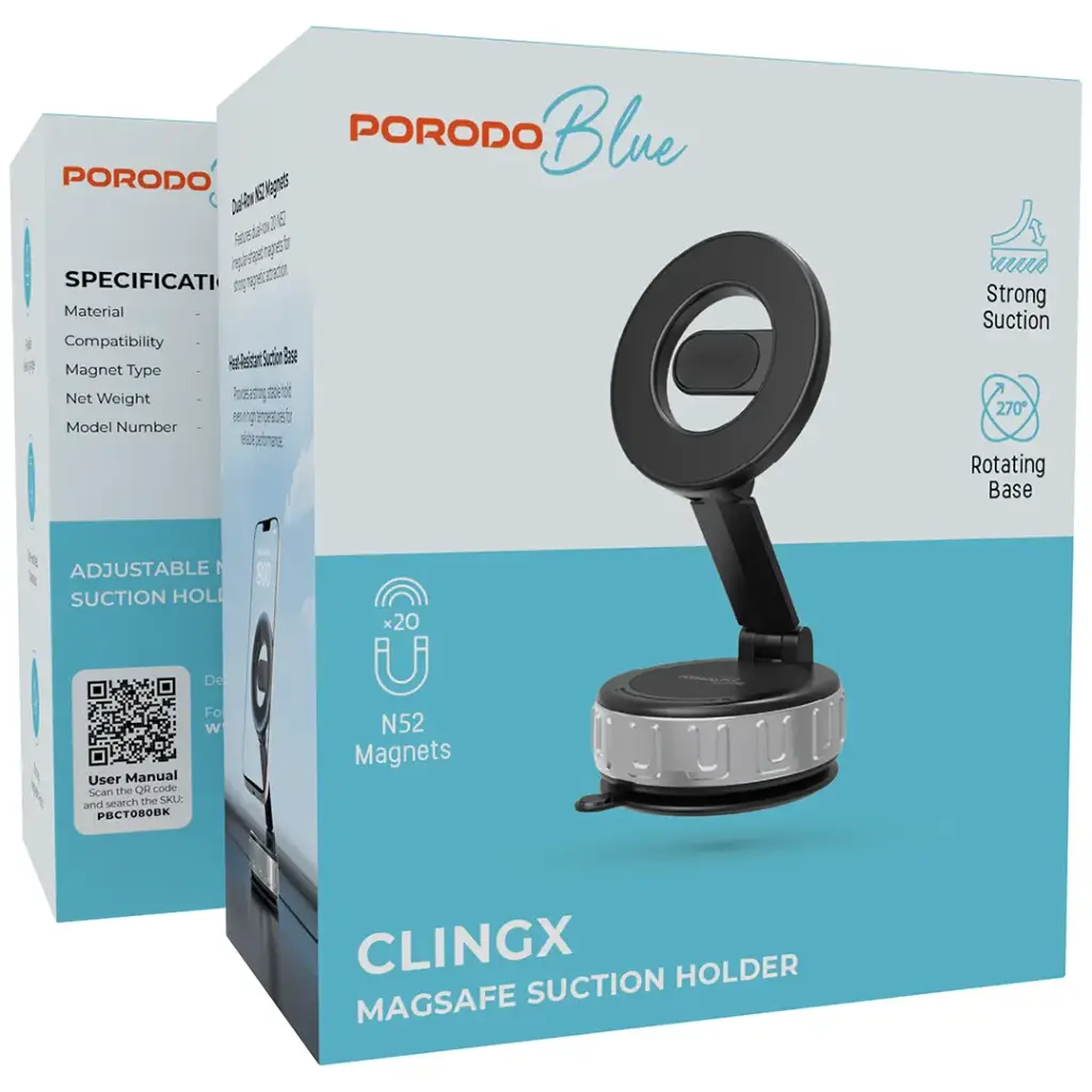 Porodo Blue Clingx MagSafe Suction Holder - Black