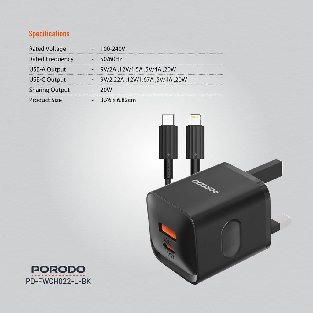 Porodo Dual Port Wall Charger UK- Black