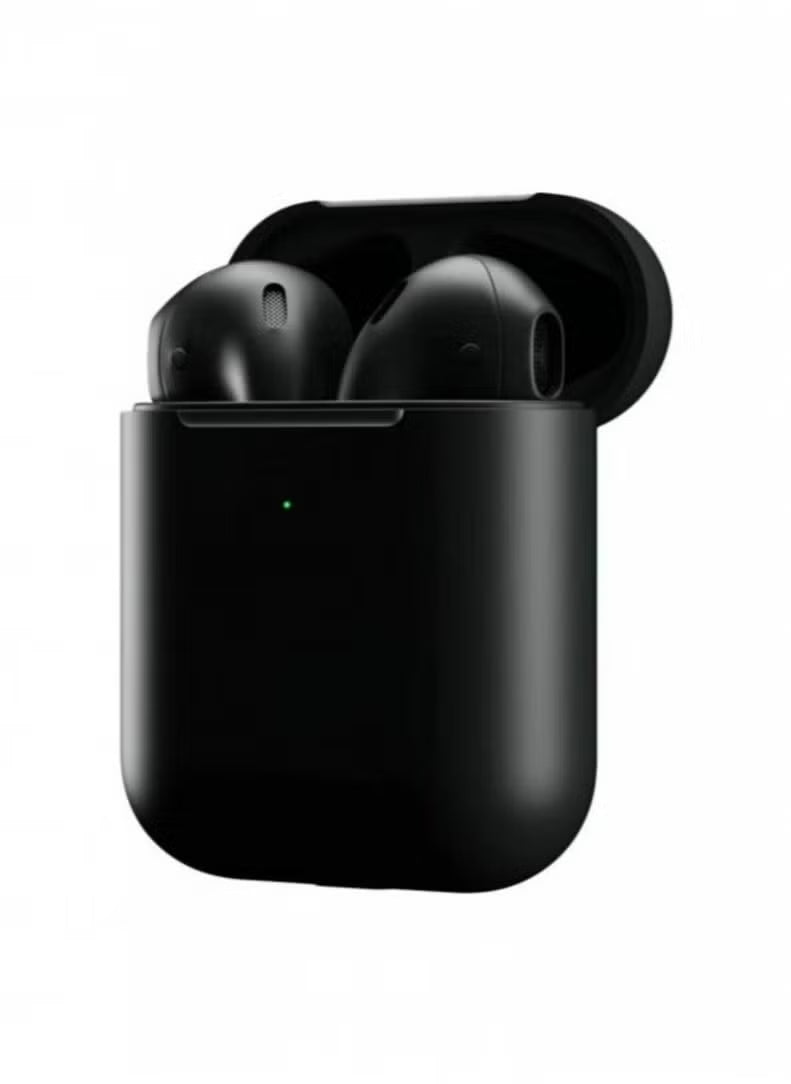 Black wireless earbuds in a charging case on a white background