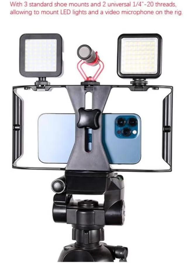 Smartphone Video Cage Rig, HuaerHui Handheld Phone Video Filmmaking Vlogging Stabilizer Grip Tripod Mount Fits Most Phones, with Cold Shoe Mounts, 1/4in Screw Holes to Connect LED Lights/Microphones