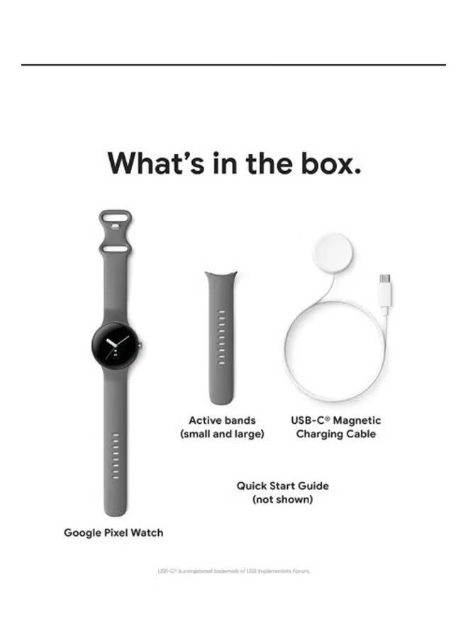 ساعة Pixel الذكية بنظام Android مع تتبع نشاط Fitbit، معدل ضربات القلب، علبة من الفولاذ المقاوم للصدأ، حزام نشط أوبسيديان، واي فاي أبيض