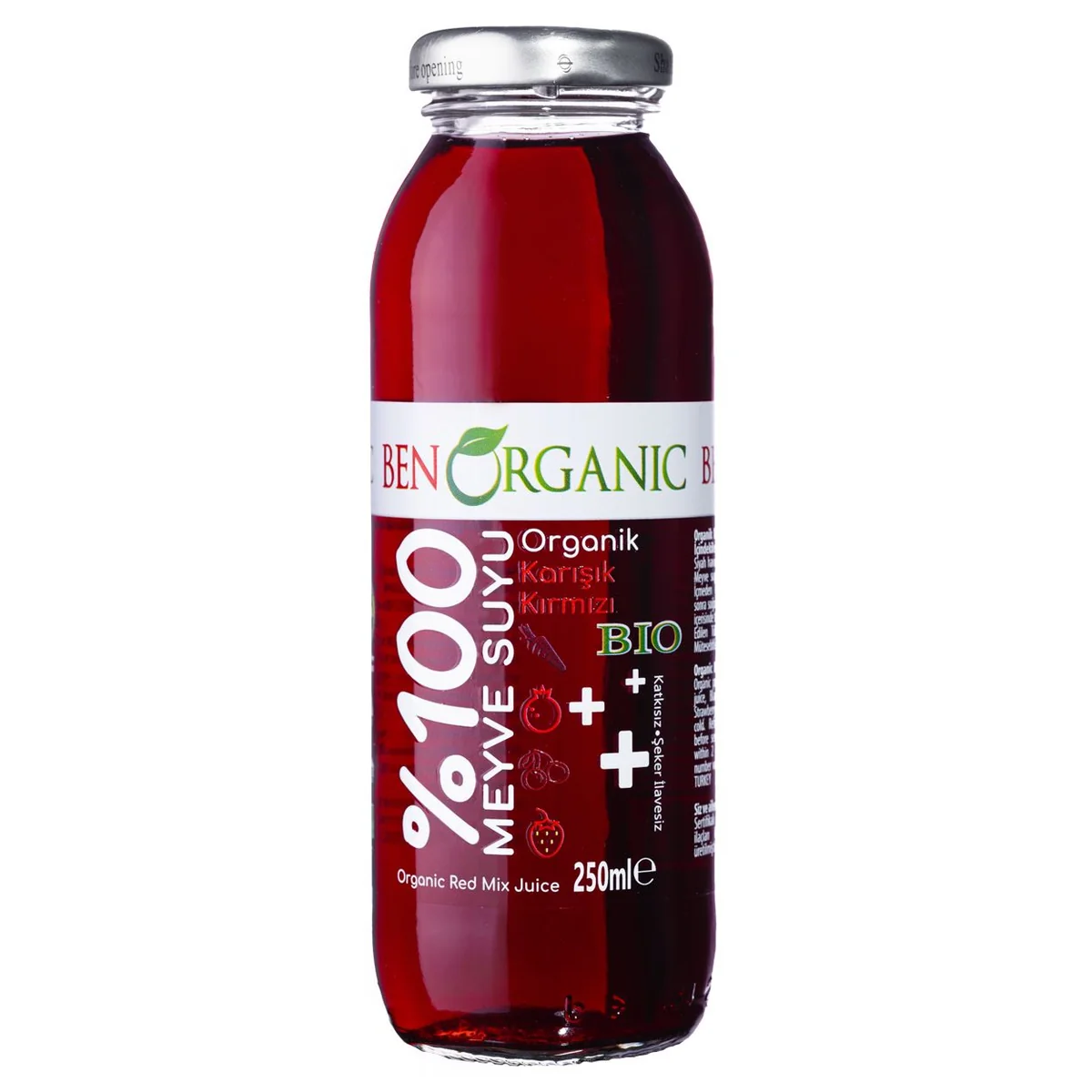 Ben Organic Red Mix Juice % Sugar, Gluten Free Glass Bottle 250 ml