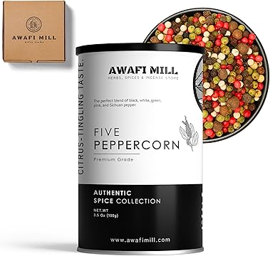 AWAFI MILL Five Pepper corn Blend Black, White, Green, Pink, and Szechuan Pepper Medley - 100 g | 3.5 Oz