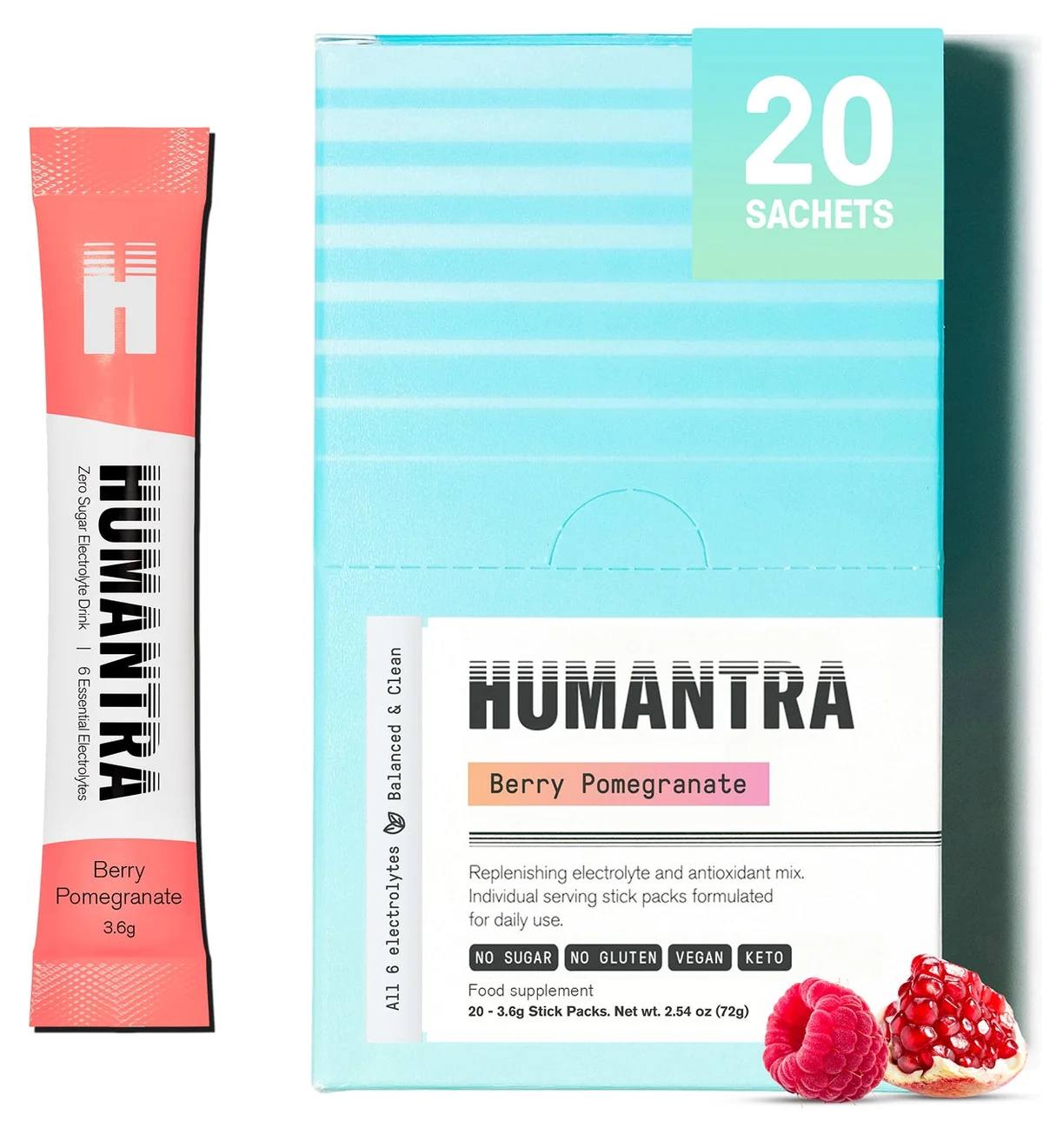 Humantra Berry Pomegranate Electrolyte Hydration Pack – Zero Sugar, 20 Servings, 72g