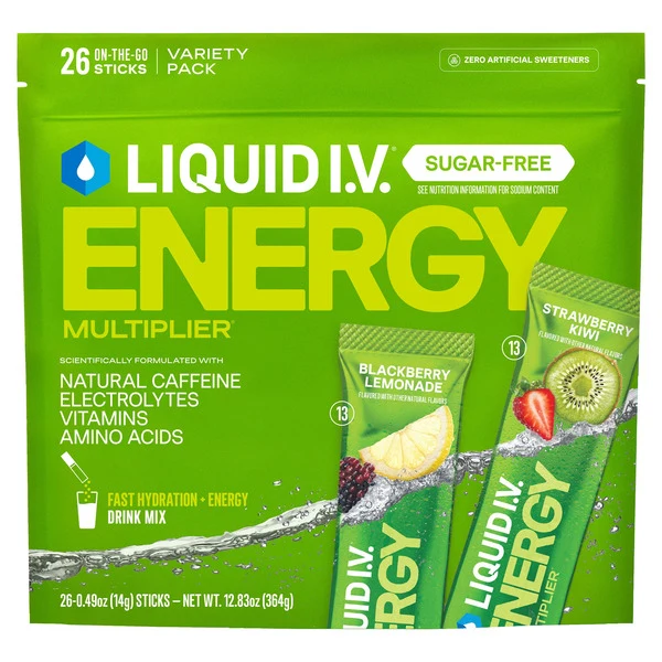 Liquid I.V. Energy Multiplier Sugar-Free Electrolyte Powder Variety Pack, Blackberry Lemonade and Strawberry Kiwi - 364g (26 pk)