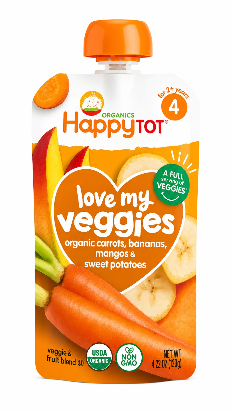 HappyTOT Organics Love My Veggies Carrots, Bananas, Mangos & Sweet Potatoes Pouch 120g
