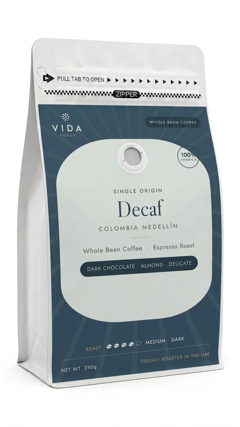 Vida Foods Decaf Colombia Medellín Specialty Coffee – 86 SCA Single Origin Whole Beans, Full Flavor Without Caffeine, Freshly Roasted in UAE, 250g