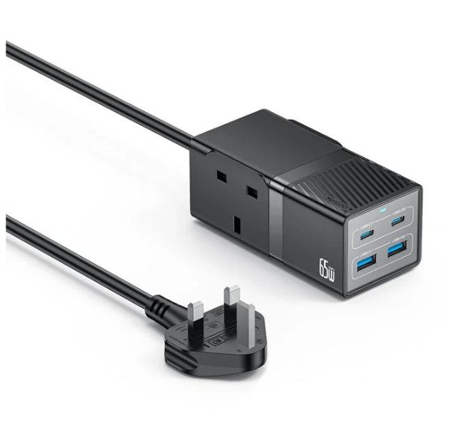 Yesido MC38 65W 6-in-1 GaN Fast Charging Power Socket with Dual Type-C, Dual USB-A and 2 AC Sockets, UK Plug - Black