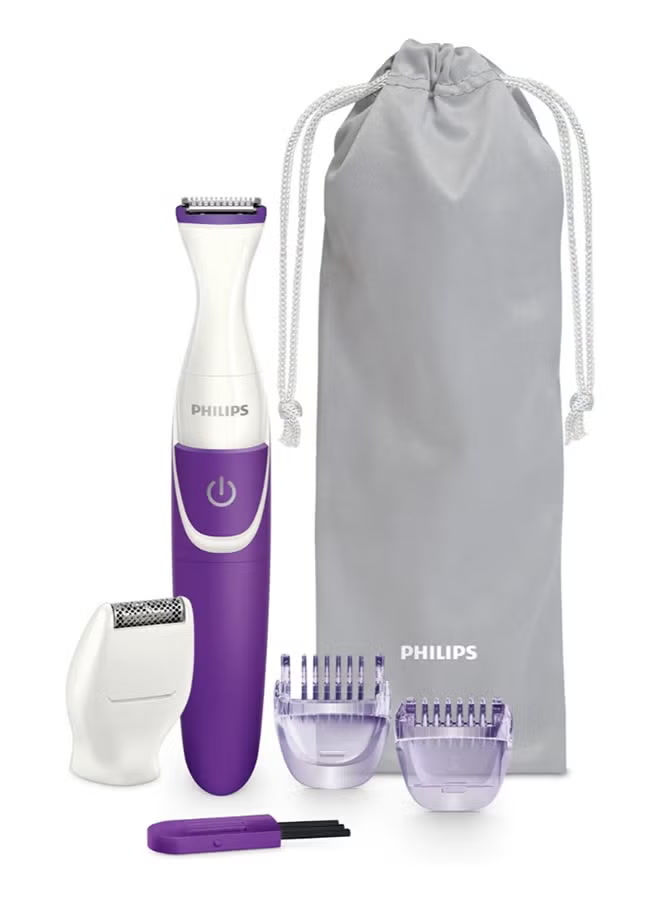 Philips BikiniGenie Cordless Bikini Trimmer Series 2000 Wet & Dry with Mini Shaving Head, Trimming Combs & Pouch, Purple/White - BRT383