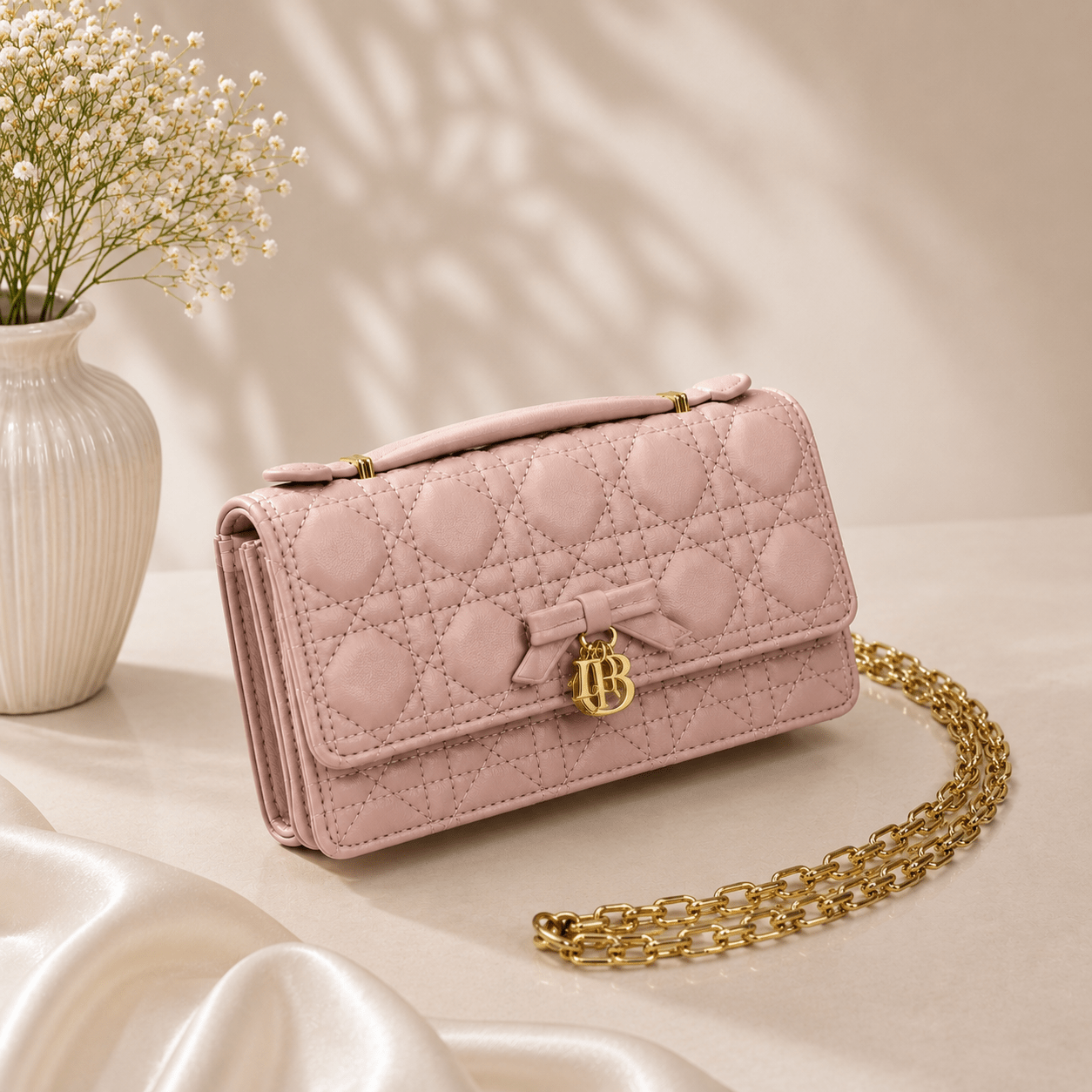 Fine Elegant Quilted Handbag with Gold-Tone Charm