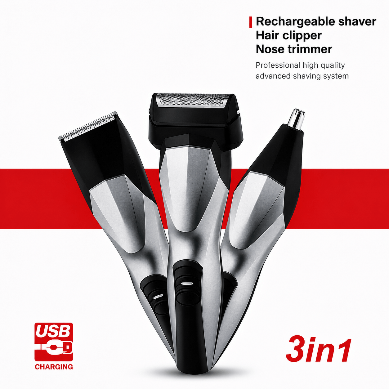 Fine 3-in-1 Rechargeable Grooming Kit – Hair Clipper, Electric Shaver & Nose Trimmer (USB Charging)