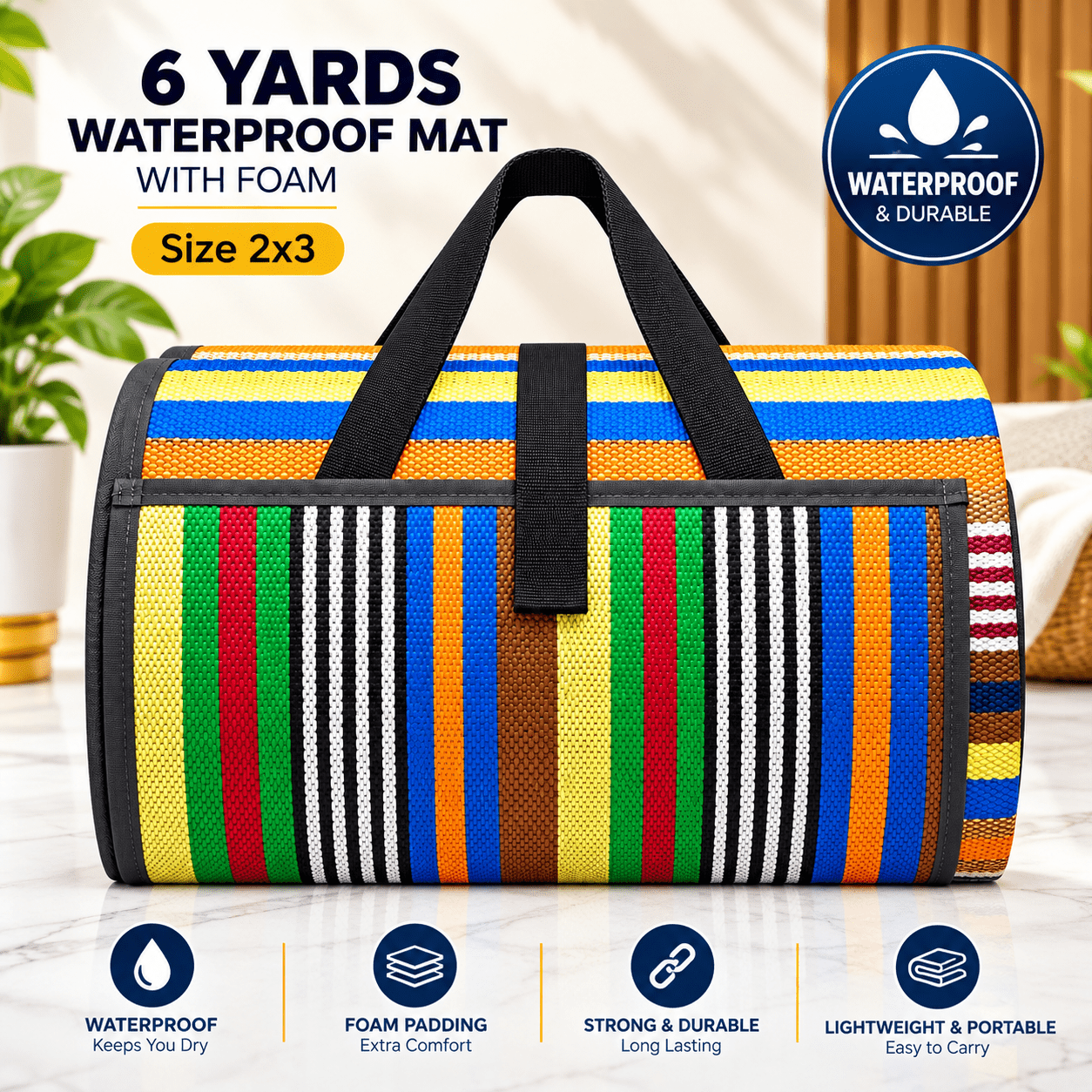 Fine Sahel 6 Yards Waterproof Mat with Foam for Indoor And Outdoor Sleeping Or Sitting with Family 3X4 Size