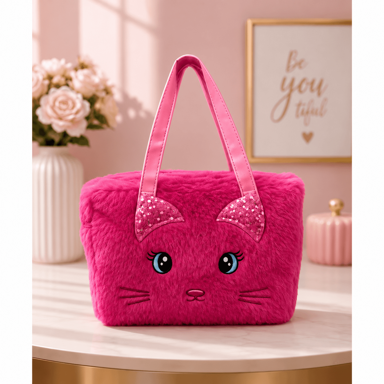 Fine Pastel kitten face plush handbag with pink accents for girls and nursing mothers