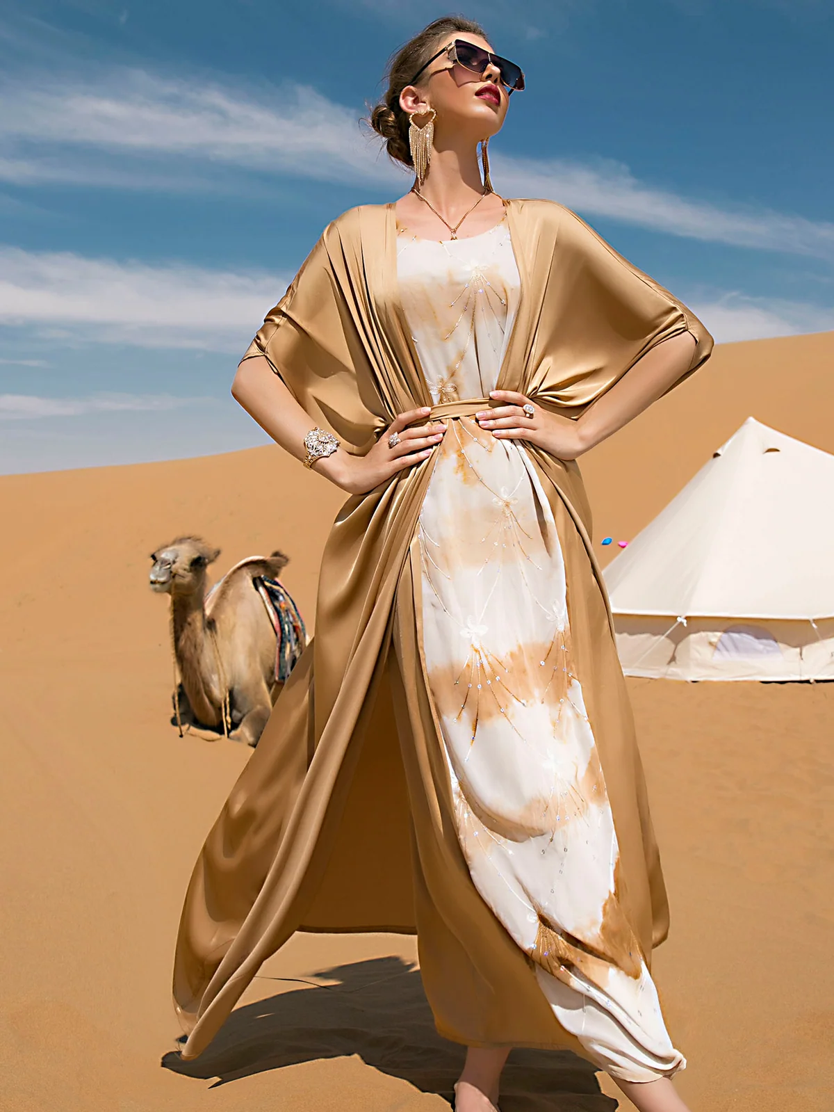 Gold and White Two-Piece Abaya Set