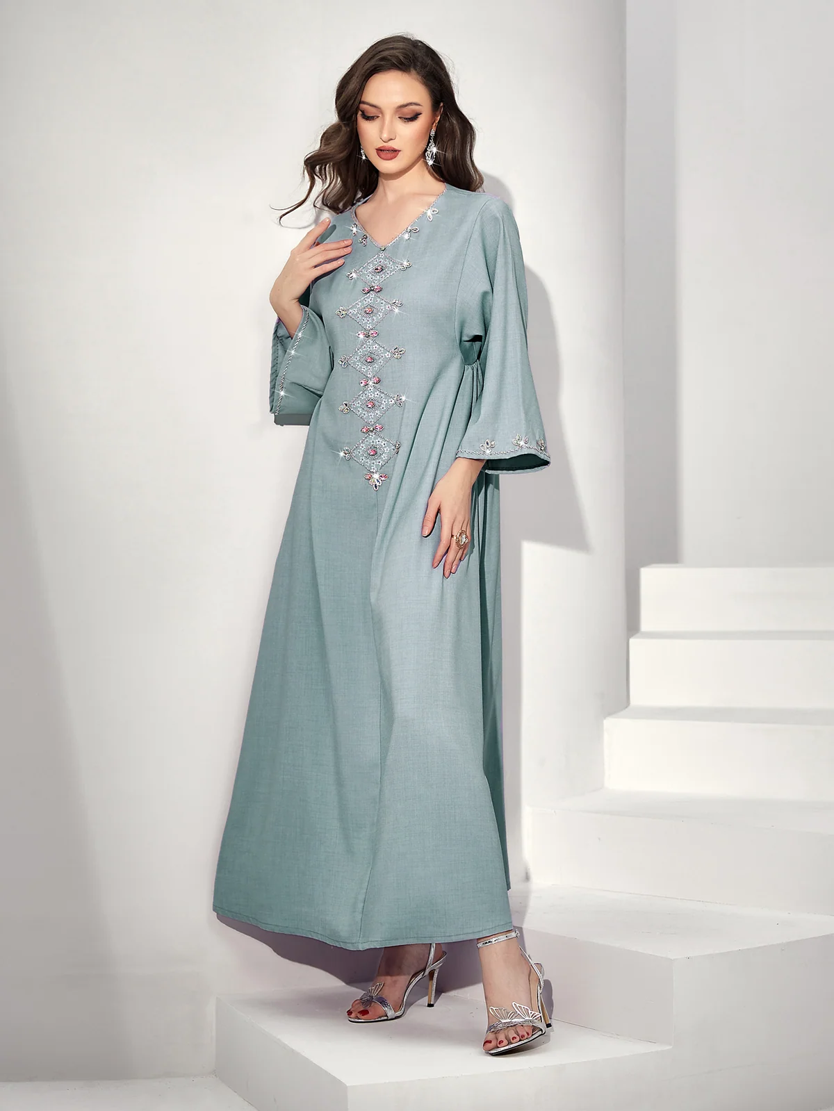 Dusty Blue Rhinestone Maxi Dress