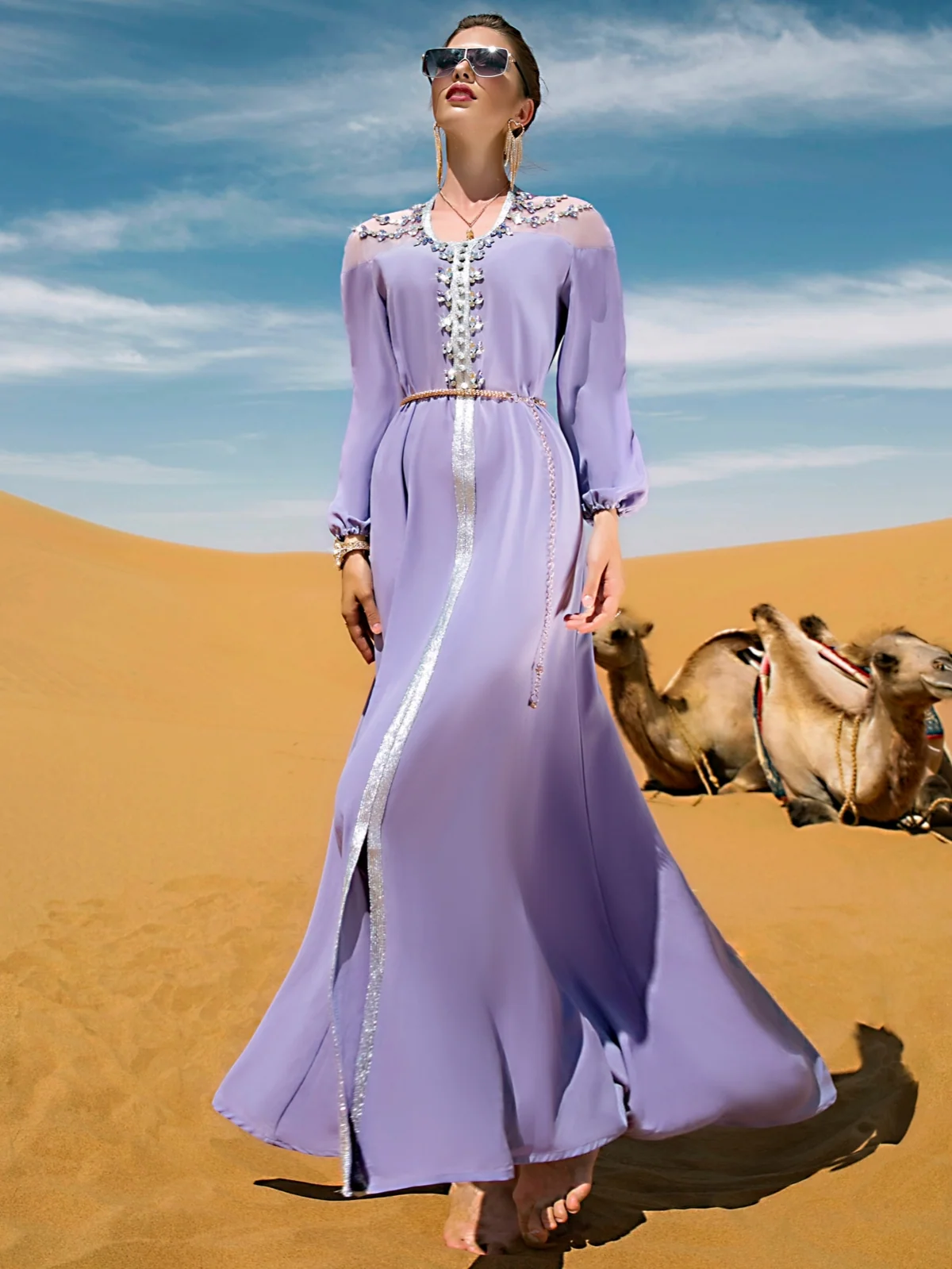 Lavender Silver-Beaded Evening Gown