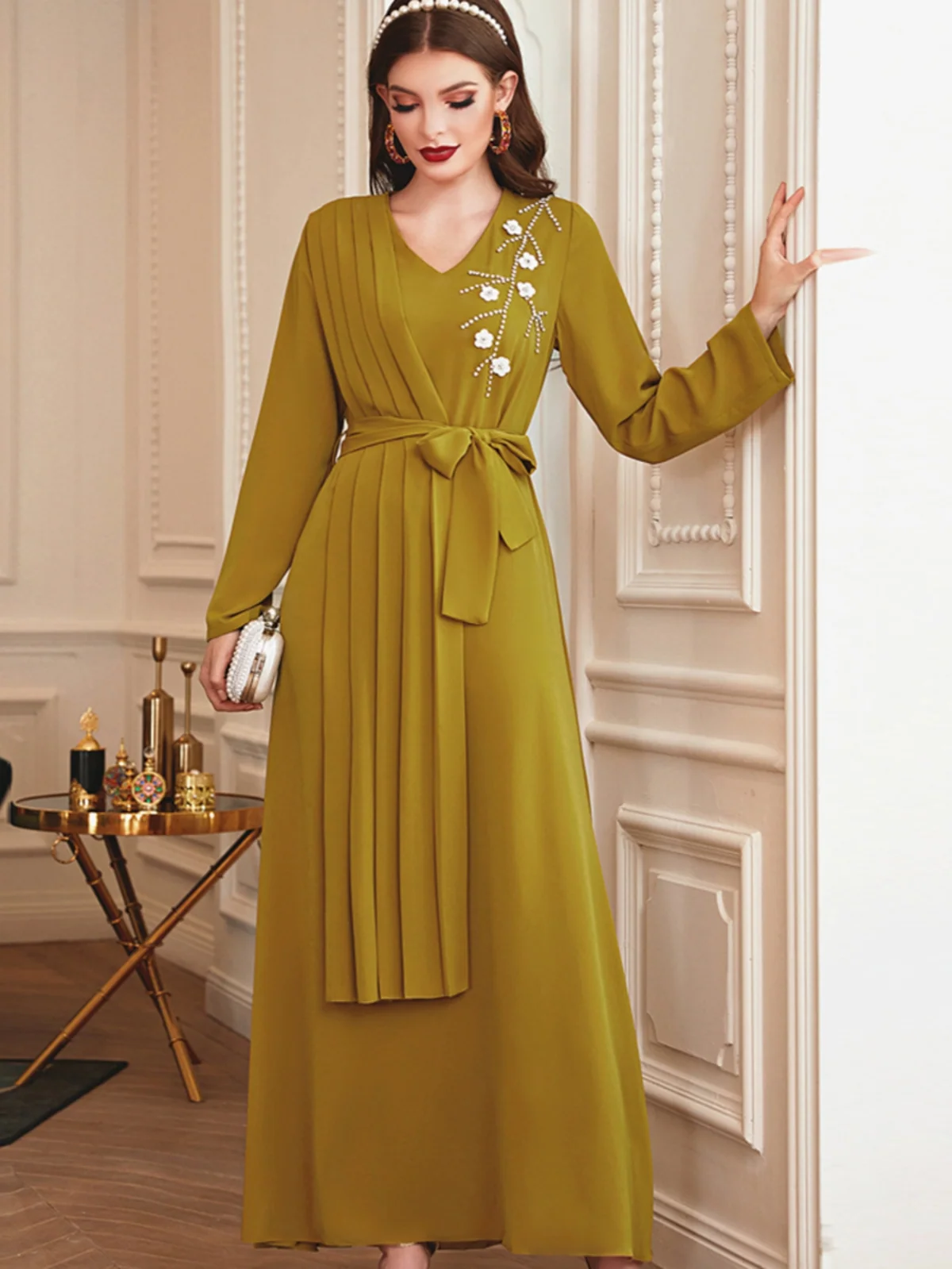 Ginger Yellow Pleated V-Neck Rhinestone Dress