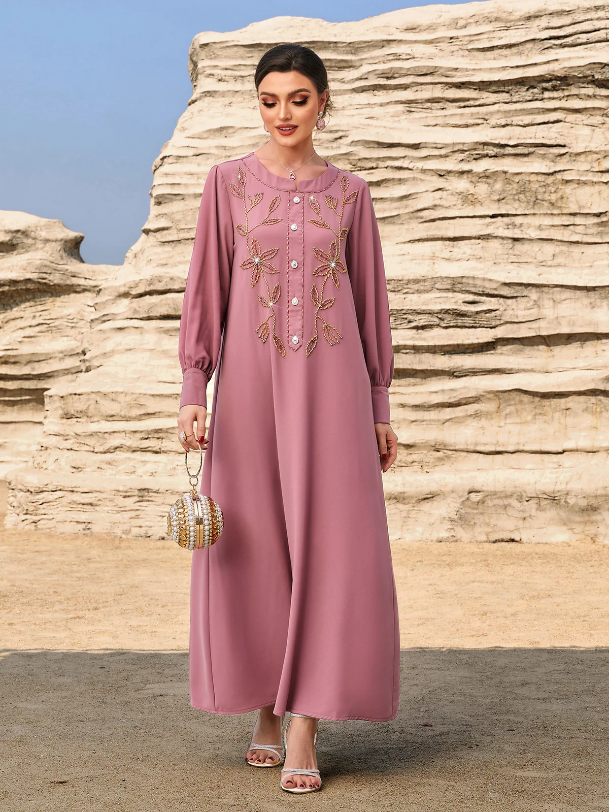 Lilac Embroidered Long-Sleeve Evening Gown