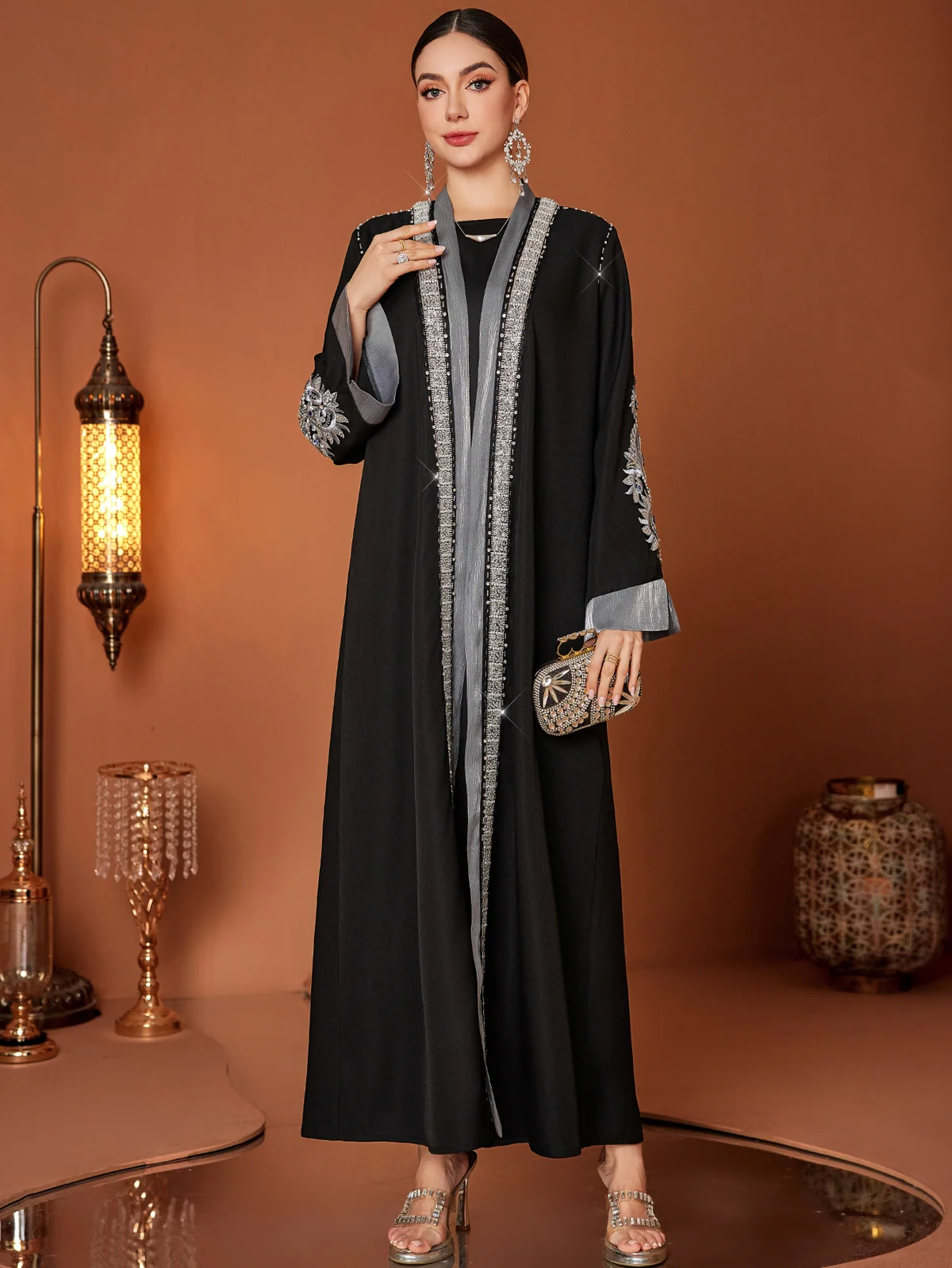 Black Contrast-Trim Open Abaya
