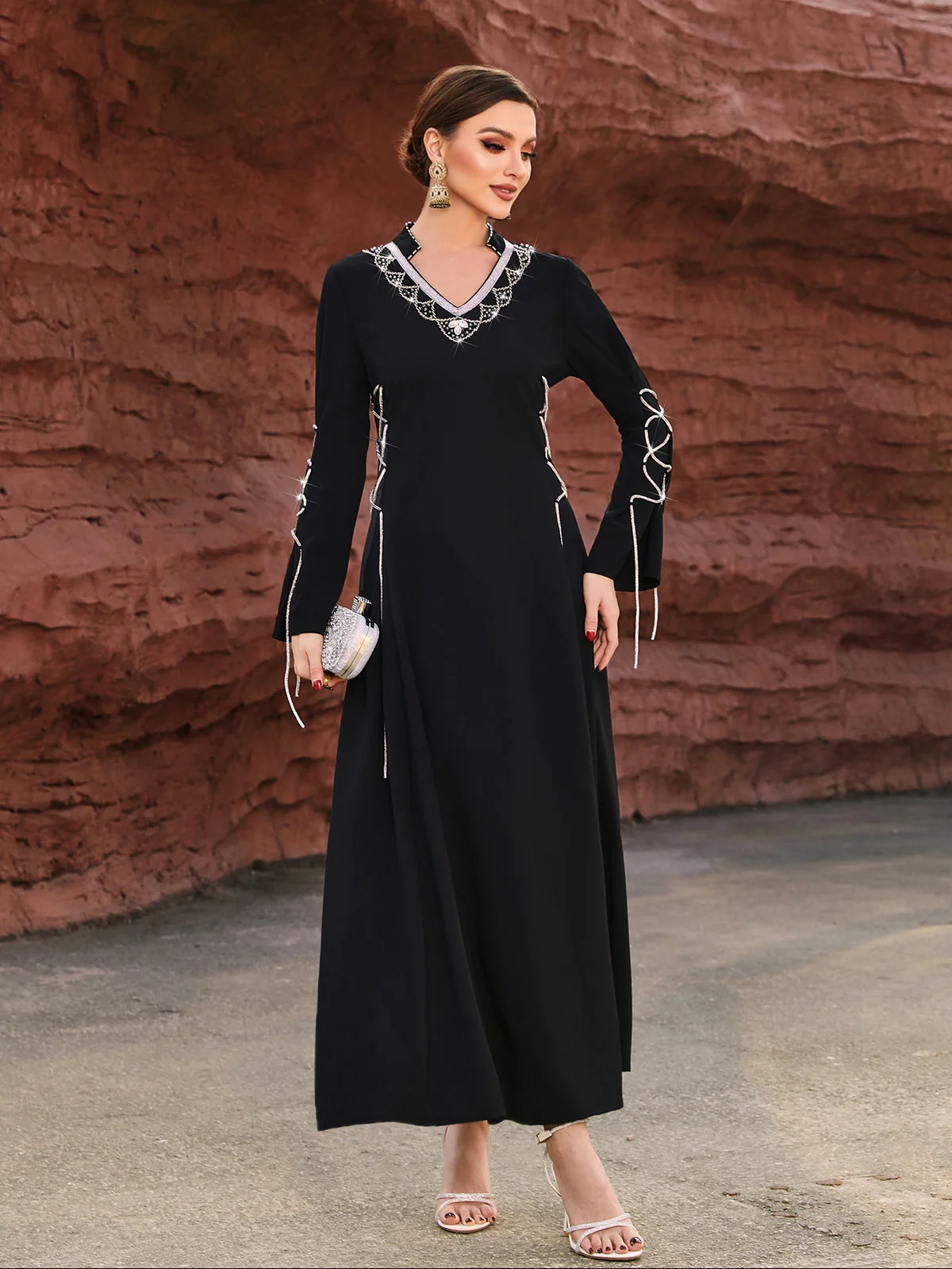 Black White-Trim V-Neck Flared-Sleeve Gown