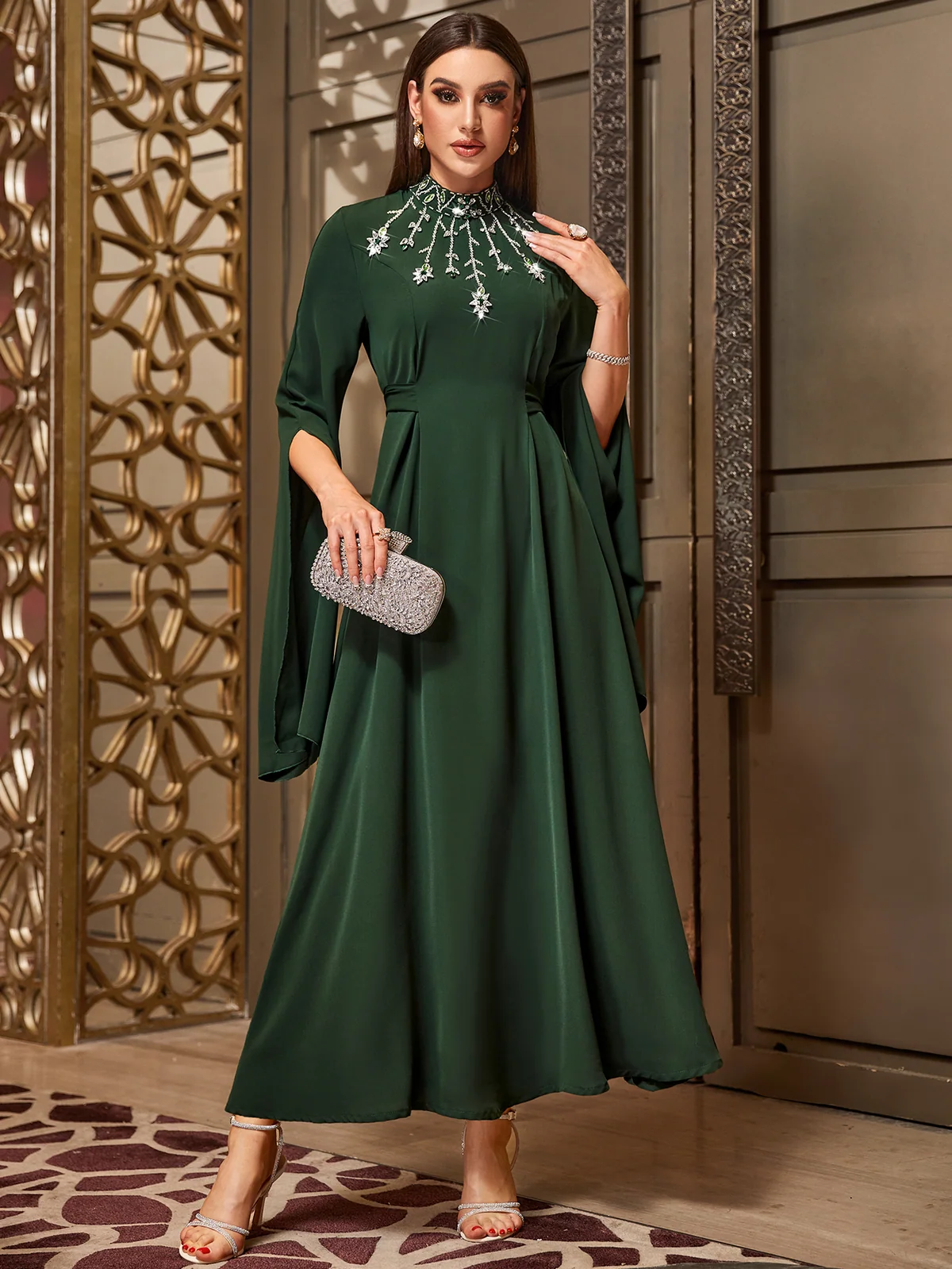 Dark Green Beaded Flare Maxi Dress