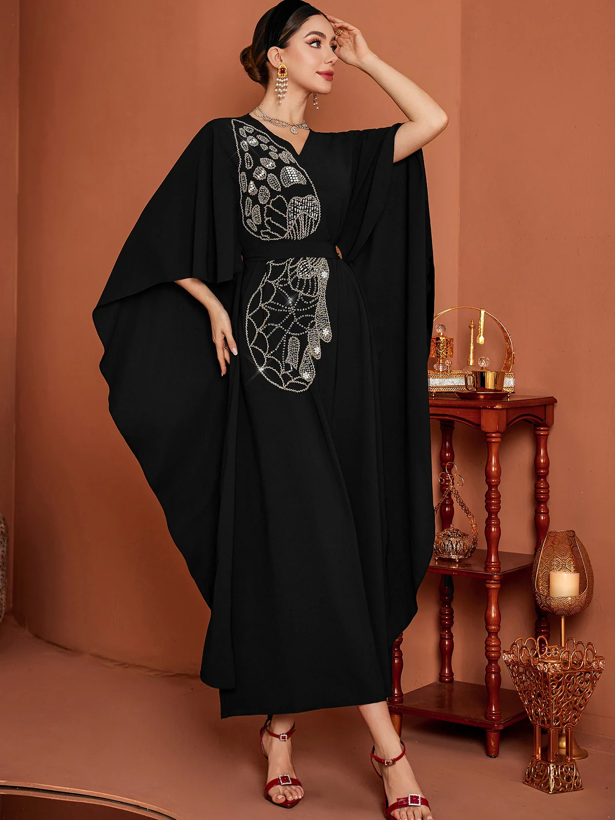Black Embroidered Batwing Kaftan