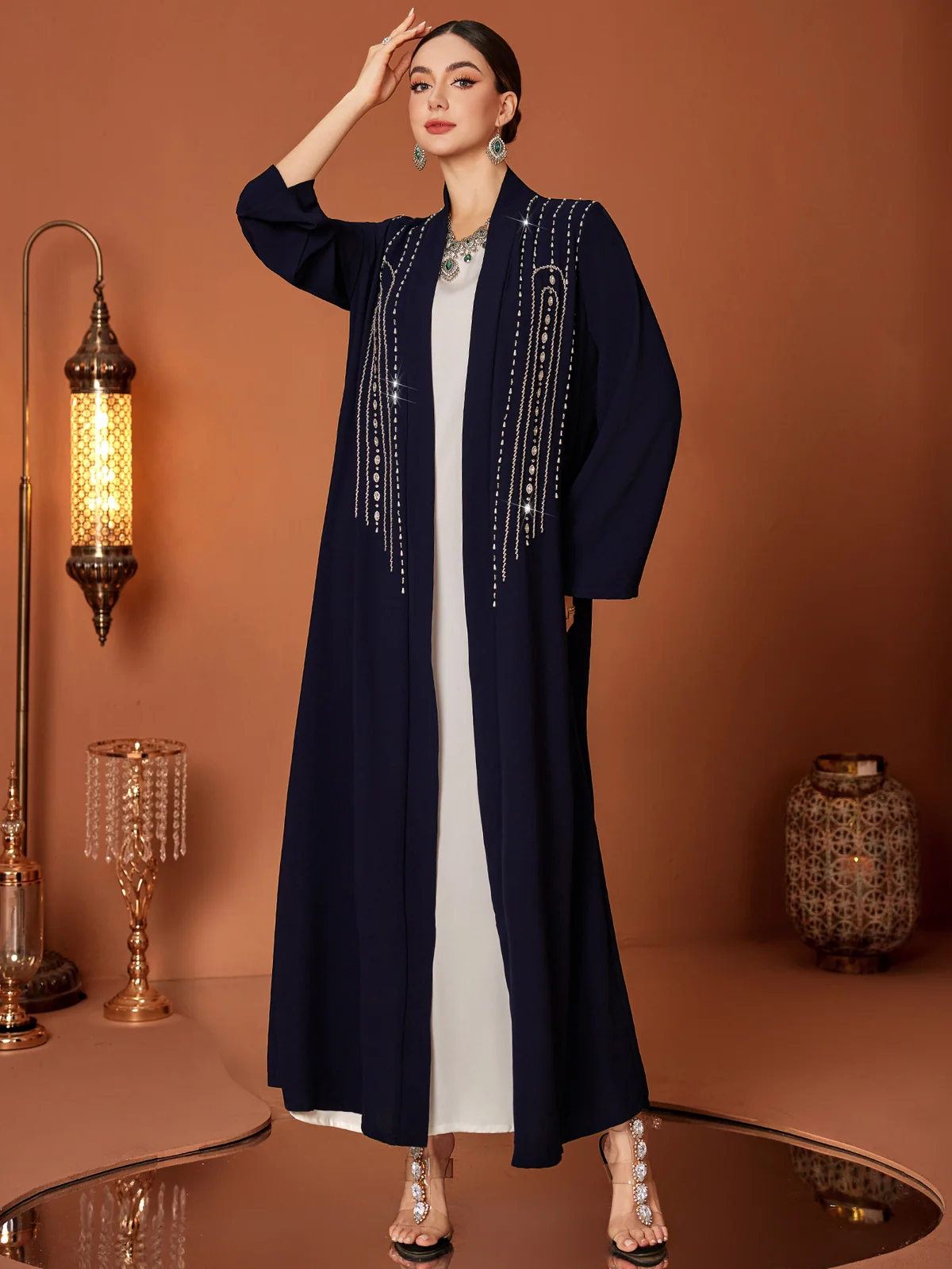 Dark Blue Beaded Longline Open Abaya