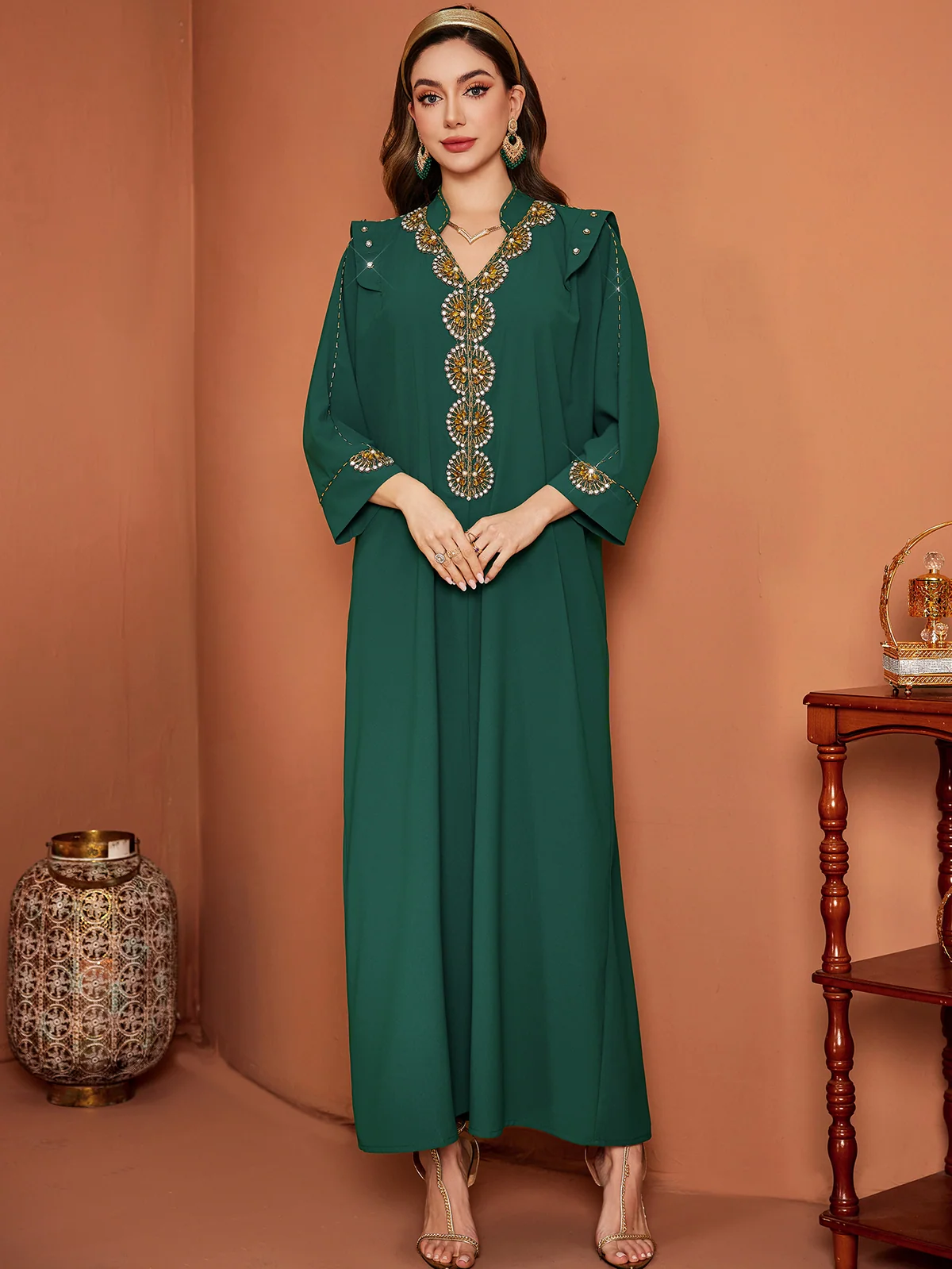 Emerald Green Gold-Beaded V-Neck Dress