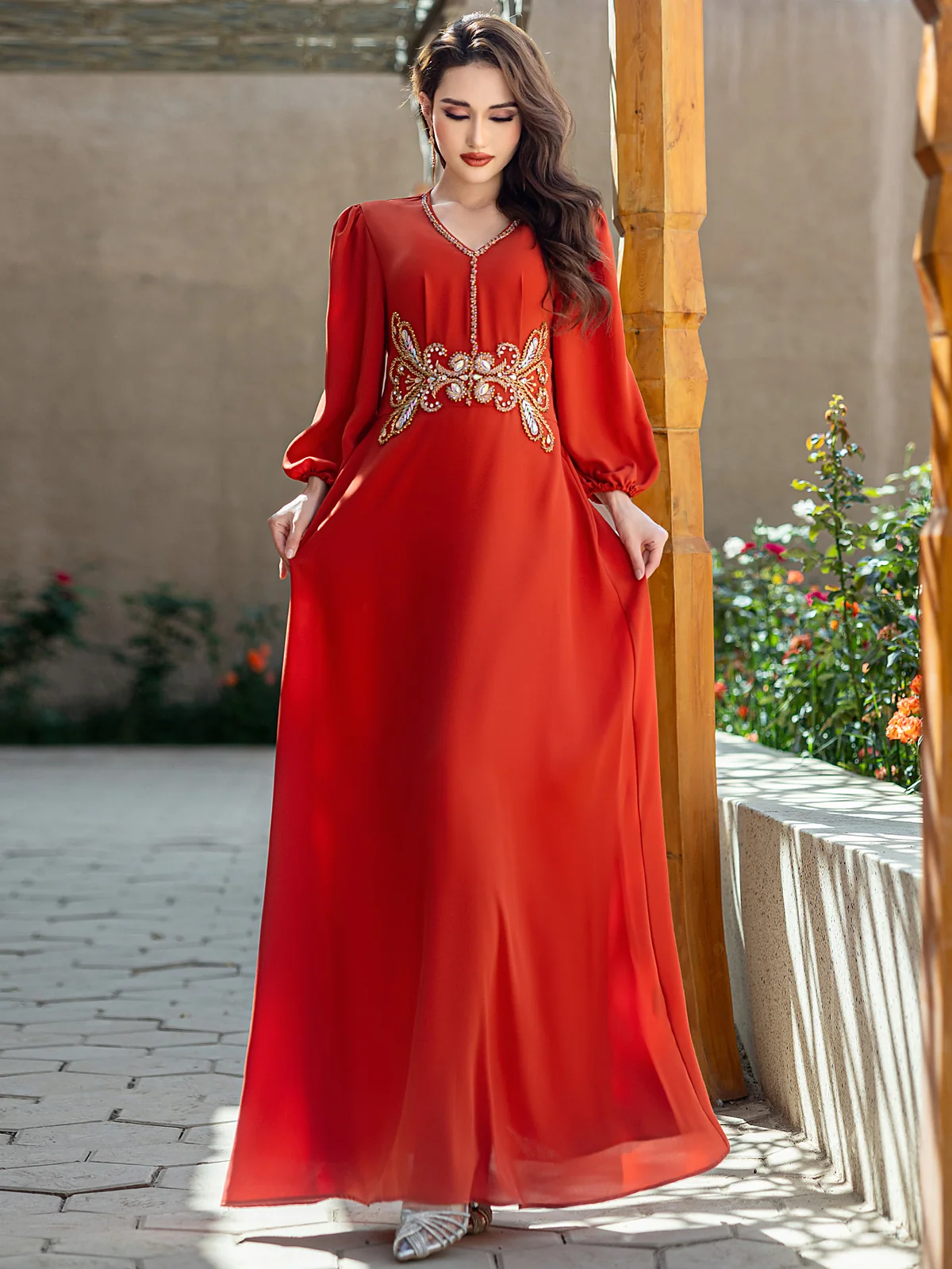 Tangerine Embroidered Puff-Sleeve Maxi Dress