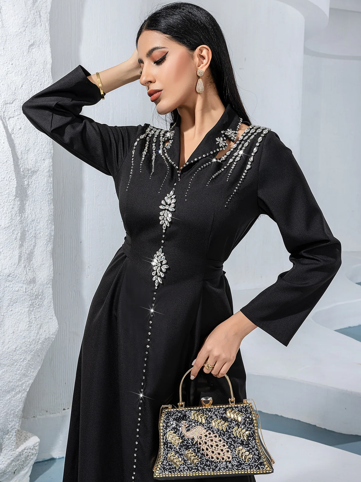 Black Silver-Beaded V-Neck Maxi Dress