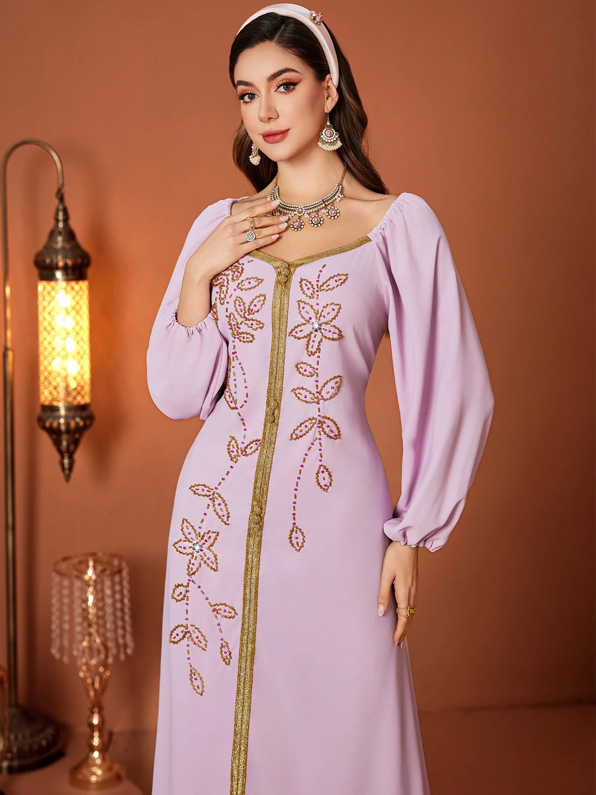 Gold-Embroidered Puff-Sleeve Maxi Dress