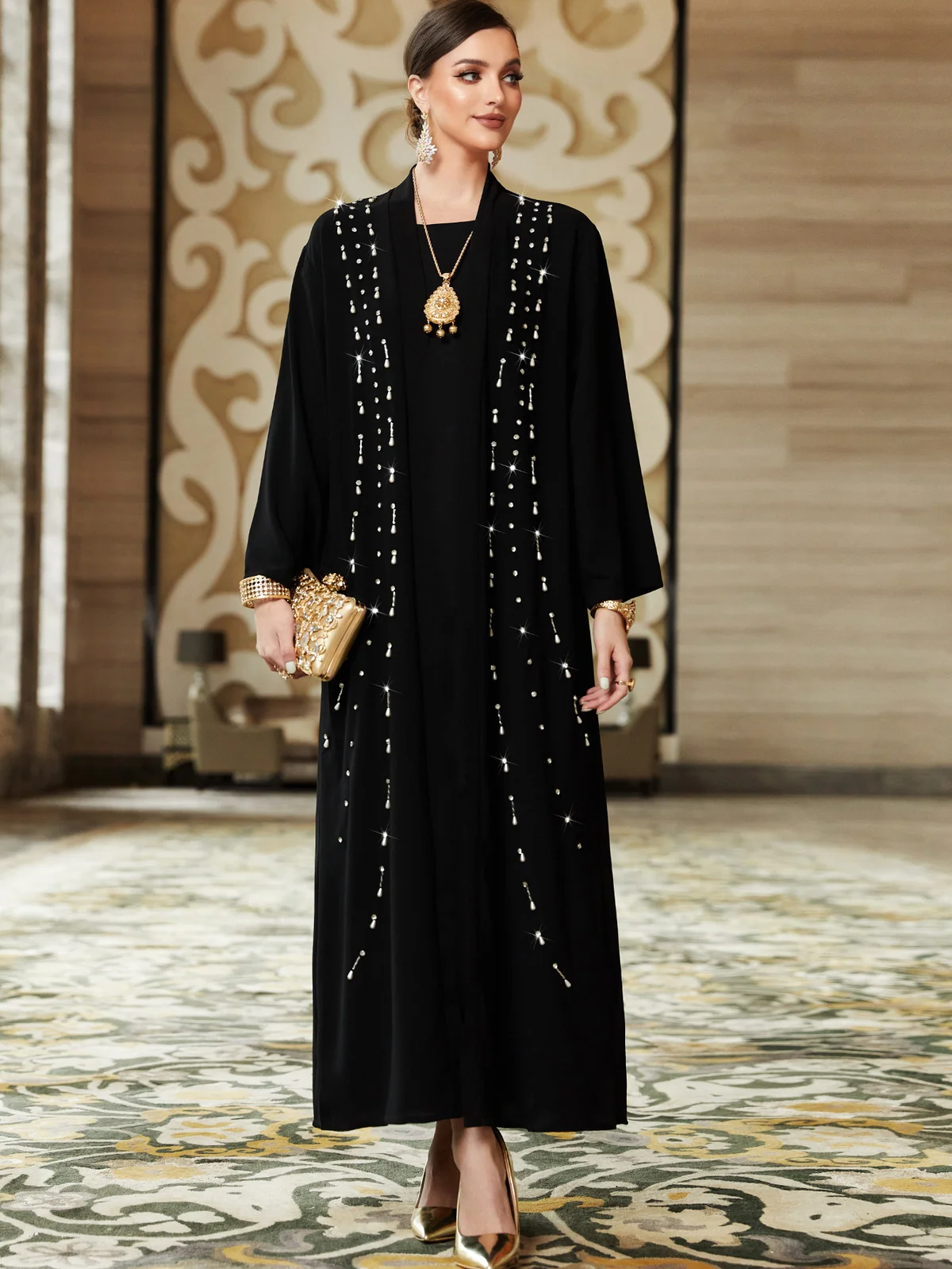 Black Beaded Open Abaya