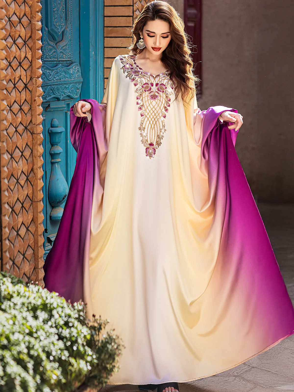 Beige Ombre Gold-Embroidered V-Neck Gown
