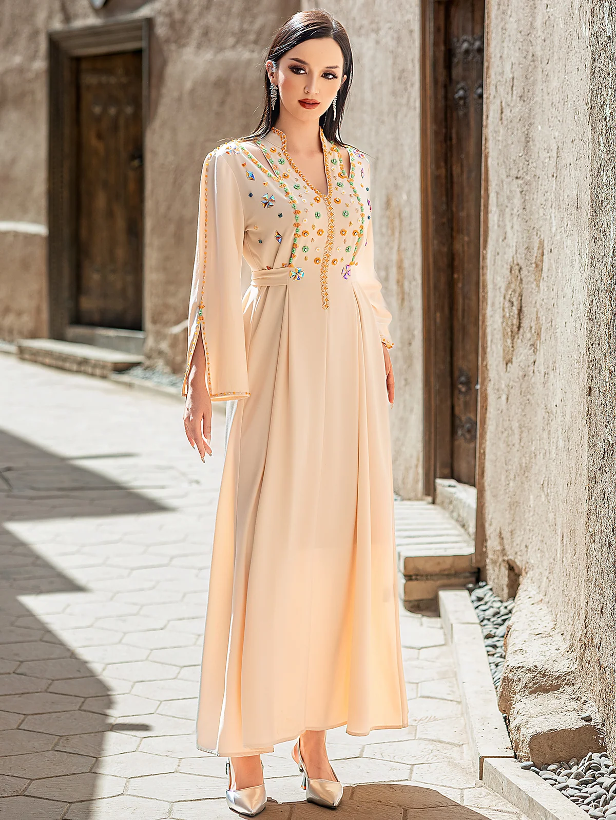 Beige Embellished V-Neck Maxi Dress