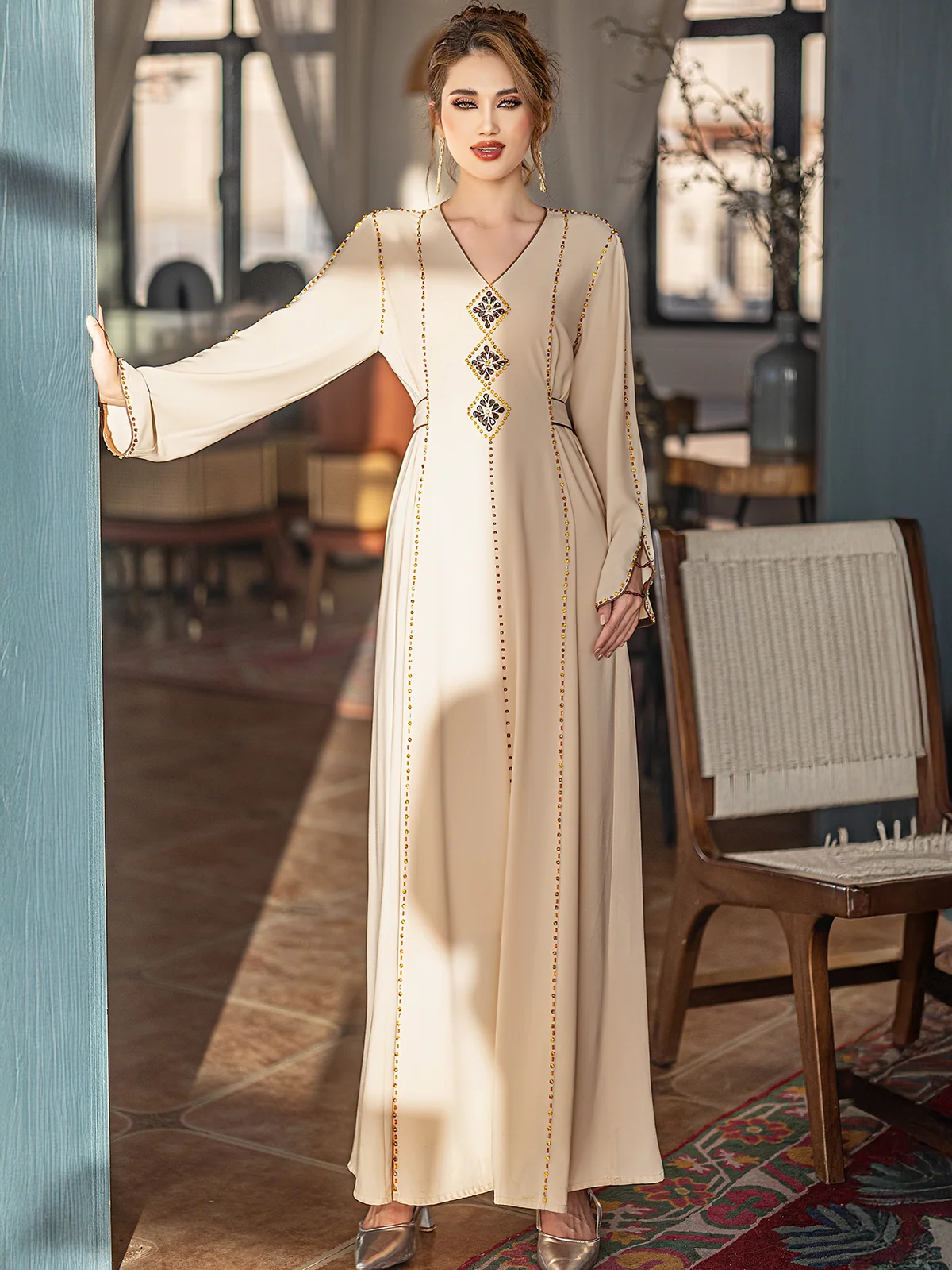 Beige Gold-Beaded Geometric-Embroidery Gown