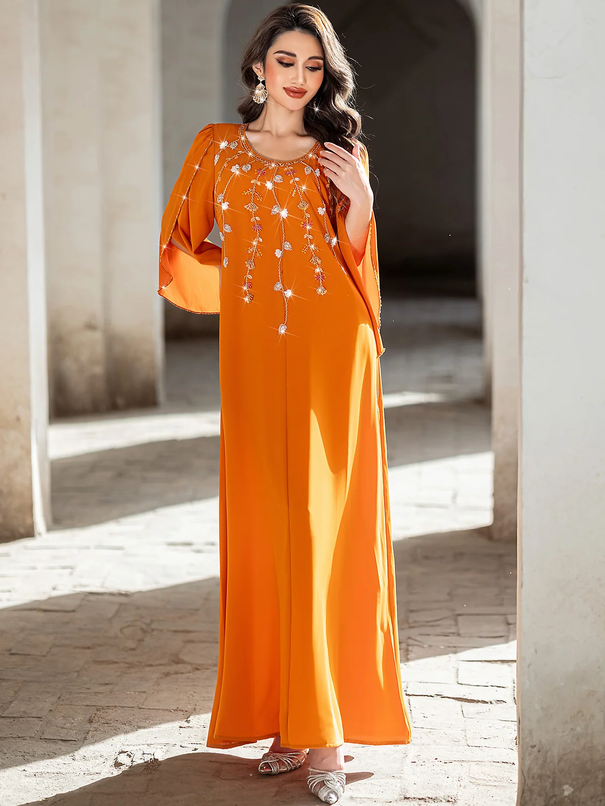 Beaded Round-Neck Bell-Sleeve Gown