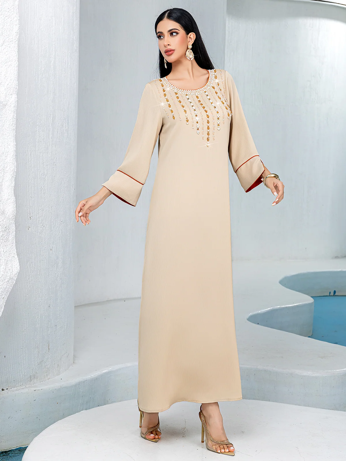 Beige Gold-Beaded V-Neck Gown