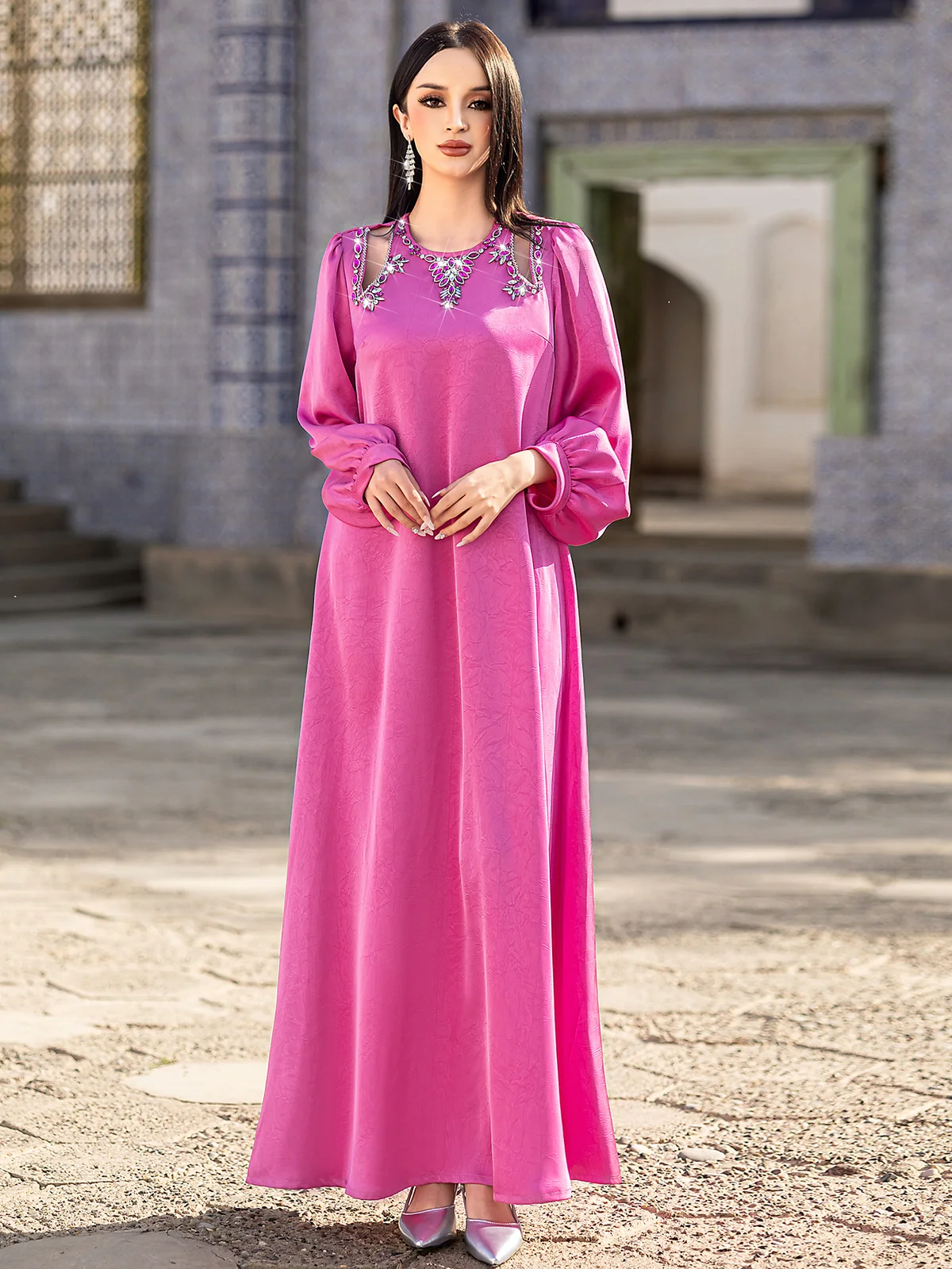 Rose Pink Beaded Bishop-Sleeve Maxi Dress